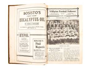 1908 "The Victorian Football Follower", Vol.XI Nos.1-25 complete in bound volume, endorsed on fly-leaf "Presented to C.M.Hickey Esq, President of The Australasian Football Council, By The Publisher, A.E.Spring, Nov.5th 1908". Fair/VG condition (last two i