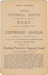 WW2 scarce charity matches - 1944 RAAF v Combined League at Collingwood; 1944 South Melbourne v Combined Army at St.Kilda; 1945 North v South at Richmond. Great array of League players included in teams. Poor/Good condition.