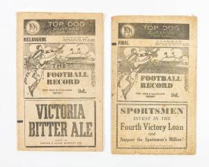 1945 "Football Record"s, R12 Melbourne v Carlton; & Preliminary Final - Carlton v Collingwood. Fair/G condition.