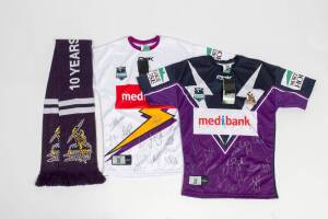 MELBOURNE STORM: 2004 signed home & away jerseys; plus "Melbourne Storm - 10 Years Strong" scarf.