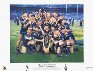 MELBOURNE STORM, limited edition Dave Thomas print "The Year of the Storm", signed by 17 players & the artist on mount and numbered 441/495, window mounted, framed & glazed, overall 108x88cm. With CoA.