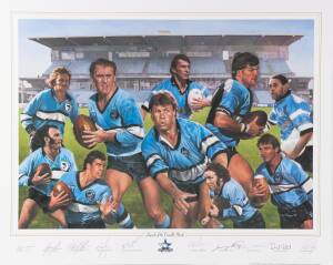 "Legends of the Cronulla Sharks" by Dave Thomas, each signed by 10 players including Cliff Watson, Greg Pierce & Andrew Ettinghausen, size 82x66cm. Wholesale quantity (c55).
