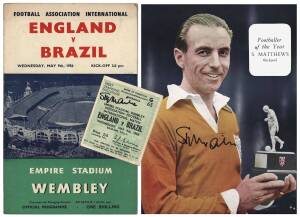 STANLEY MATTHEWS: Group with signed magazine picture; 1956 England v Brazil programme & signed ticket; plus unsigned magazine picture.