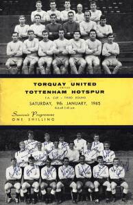 1965 programme Torquay United v Tottenham Hotspur, FA Cup - Third Round, with 17 Tottenham signatures on front cover including mackay, Jones, Norman & Dyson.