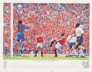 MANCHESTER UNITED: Set of 3 Prints - "The Treble: Part One - The Premiership",&nbsp;"The Treble: Part Two - The F.A.Cup"&nbsp;&&nbsp;"The Treble: Part Three - The European Cup", each&nbsp;with 2 signatures, all window mounted, framed & glazed, each about 80x69cm. With CoAs.