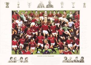 MANCHESTER UNITED: Print "Legends of Old Trafford" with 28 signatures, window mounted, framed & glazed, overall 106x83cm.