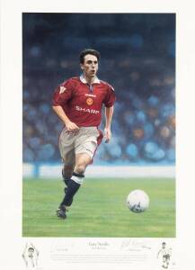 MANCHESTER UNITED: Signed prints "Breaking Through" (Ryan Giggs), Gary Neville & Phil Neville, all framed & glazed, various sizes. With CoAs.