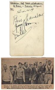 1947 Exhibition Golf Match at Lothianburn on behalf of war-blinded, Great Britain v Australia, autograph page with 4 signatures - Norman Von Nida, Bill Shankland, Jimmy Adams & Dai Rees; plus press clipping.