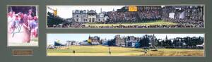 TIGER WOODS, display "For The Open", comprising signed photograph, window mounted with two panoramic photographs of Tiger Woods playing at St.Andrews 2000, framed & glazed, overall 147x52cm. With CoA.