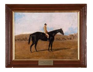 THOMAS HAMILTON LYTTLETON (Australia 1826-1876): "The Barb", oil on board, signed and dated 1869 lower left. 21 x 29cm [The Barb is famed for winning the Melbourne Cup in 1866, and the Sydney Cup twice, in 1868 & 1869].
