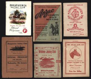 RACEBOOKS: 1907-90 collection, noted 1907 Brisbane Jockey Club; 1928 Shepparton Jockey Club; 1934 Port Adelaide Racing Club; 1937 Anzac Charity Race Meeting at Morphetville; 1944 Albion Park, Brisbane (2 different meetings). Fair/VG.