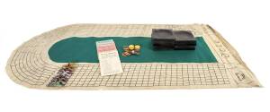VINTAGE HORSE RACING GAME, c1910, in long case, comprising vinyl racetrack (marked Copyright Ted Edwards Novelties) with green baize centrepiece; 8 lead horses; 9 wooden pools cups; counters; score-cards (17). Fair/Good condition.&nbsp;
