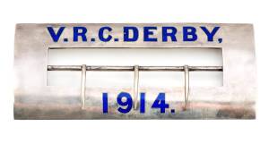 1914 Victoria Derby, winner's silver buckle (no sash), with "V.R.C. Derby 1914" in blue enamel, Sterling Silver, made by William Drummond & Co.