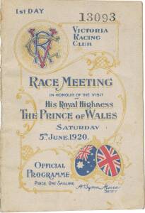 "Victoria Racing Club. Race Meeting, In Honour of the Visit of His Royal Highness The Prince of Wales, Saturday 5th June 1920, Official Programme".