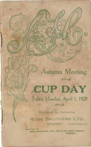 PHAR LAP'S 4th RACE: Official Programme, "AJC, Autumn Meeting, Cup Day. Easter Monday, April 1, 1929", showing Phar Lap in the Easter Stakes (unplaced), also the Sydney Cup (won by Crucis).