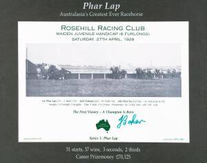 PHAR LAP, display comprising print of Phar Lap's First Victory signed by jockey Jack Baker, limited edition&nbsp;149/350, window mounted, framed & glazed, overall 55x43cm. With CoA.