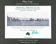 PHAR LAP, display comprising print of Phar Lap's First Victory signed by jockey Jack Baker, limited edition&nbsp;149/350, window mounted, framed & glazed, overall 55x43cm. With CoA.