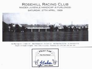 PHAR LAP: Card "Phar Lap - The First Victory" signed by jockey Jack Baker, plus picture of Phar Lap's maiden win at Rosehill on 27th April 1929.