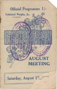 PHAR LAP'S 7th RACE: "Official Programme, Rosehill Races, August Meeting. Saturday, August 17, 1929", showing Phar Lap in the Three-Year-Old Handicap (fourth). 7 starts. 1-0-0.