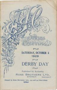 PHAR LAP'S 12th RACE: Official Programme, "AJC, Spring Meeting, Saturday, October 5, 1929, Derby&nbsp;Day, ", showing Phar Lap in the AJC Derby (first). 12 starts. 3-1-0.