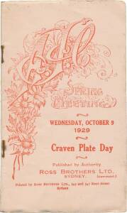 PHAR LAP'S 13th RACE: Official Programme, "AJC, Spring Meeting, Wednesday, October 9, 1929, Craven Plate Day, ", showing Phar Lap in the wfa Craven Plate (first). 13 starts. 4-1-0.
