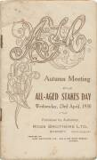 PHAR LAP'S 22nd RACE: Official Programme,&nbsp;"AJC, Autumn Meeting, All-Aged Stakes Day, Wednesday, 23rd April, 1930", showing Phar Lap in the wfa Cumberland Stakes (first). 22 starts. 11-1-2.