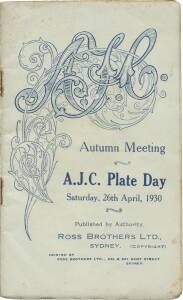 PHAR LAP'S 23rd RACE: Official Programme,&nbsp;"AJC, Autumn Meeting, A.J.C. Plate Day, Saturday, 26th April, 1930", showing Phar Lap in the wfa AJC Plate (first). 23 starts. 12-1-2.