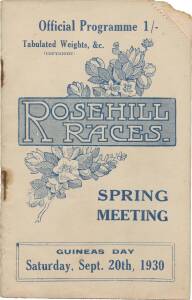 PHAR LAP'S 28th RACE: "Official Programme, Rosehill Races, Spring Meeting. Guineas Day, Saturday, Sept. 20th, 1930", showing Phar Lap in the wfa Hill Stakes (first). 28 starts. 16-2-2.