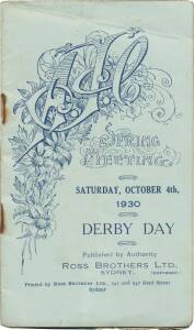 PHAR LAP'S 29th RACE: Official Programme,&nbsp;"AJC, Spring Meeting, Saturday, October 4th, 1930. Derby Day", showing Phar Lap in the wfa Spring Stakes (first). 29 starts. 17-2-2.