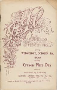 PHAR LAP'S 30th RACE: Official Programme,&nbsp;"AJC, Spring Meeting, Wednesday, October 8th, 1930. Craven Plate Day", showing Phar Lap in the wfa Craven Plate (first). 30 starts. 18-2-2.
