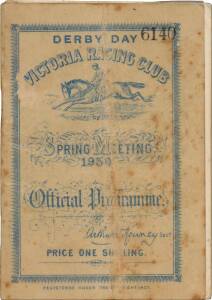 PHAR LAP'S 33rd RACE: "Derby Day, Victoria Racing Club, Spring Meeting 1930, Official Programme", showing Phar Lap in the wfa Melbourne Stakes (first). Cover protected with clear contact. 33 starts. 21-2-2. {In an incredible feat, Phar Lap won on all 4 da