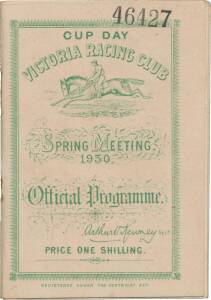 PHAR LAP'S 34th RACE - 1930 MELBOURNE CUP: "Cup Day, Victoria Racing Club, Spring Meeting 1930, Official Programme", showing Phar Lap in the Melbourne Cup (first). 34 starts. 22-2-2.