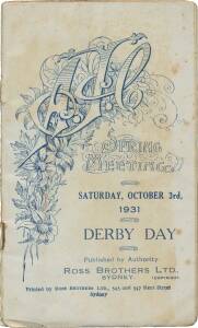 PHAR LAP'S 45th RACE: Official Programme, "AJC, Spring Meeting, Saturday, October 3rd, 1931, Derby Day", showing Phar Lap in the wfa Spring Stakes (first). 45 starts. 32-3-2.