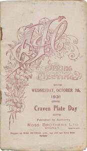 PHAR LAP'S 46th RACE: Official Programme, "AJC, Spring Meeting, Wednesday, October 7th, 1931, Craven Plate Day", showing Phar Lap in the wfa Craven Plate (first). 46 starts. 33-3-2.