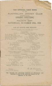 PHAR LAP'S 47th RACE: Official Programme (covers missing), "AJC, Spring Meeting, Saturday, October 10th, 1931, Randwick Plate Day", showing Phar Lap in the wfa Randwick Plate (first). 47 starts. 34-3-2.