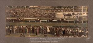 1931 MELBOURNE CUP: Original race-finish photograph, "Melbourne Cup Won by Mr.H.P.McLachlan's White Nose, Distance 2m, Weight 6st12lb, Time 3m26s, Trainer E.I.Hartnell, Rider N.Percival, 3.11.31", showing Phar Lap in 8th place.