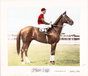 "Phar Lap with jockey Jim Pike" original photograph by Simon, hand-coloured, with signature of Tommy Woodcock affixed to lower mount, framed & glazed, overall 65x56cm.Thirty rides for 27 wins! Jim Pike's extraordinary record aboard Phar Lap. Pike was rega