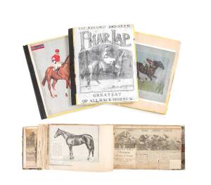 PHAR LAP SCRAPBOOKS: Group of four scarapbooks, the first three cover the years 1929, 1930 & 1931, and comprise original press clippings & photocopies, pasted into c1980s scrapbooks; the fourth is a linoleum sample book (depression-era ingenuity) with pre