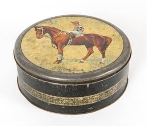PHAR LAP TIN, with picture of Phar Lap with yellow background & "Phar Lap", 22cm diameter. Some wear, but scarce contemporary tin.