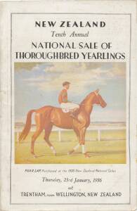 PHAR LAP: "New Zealand, Tenth Annual, National Sale of Thoroughbred Yearlings. Thursday 23rd January 1936", with colour picture of Phar Lap on front cover.