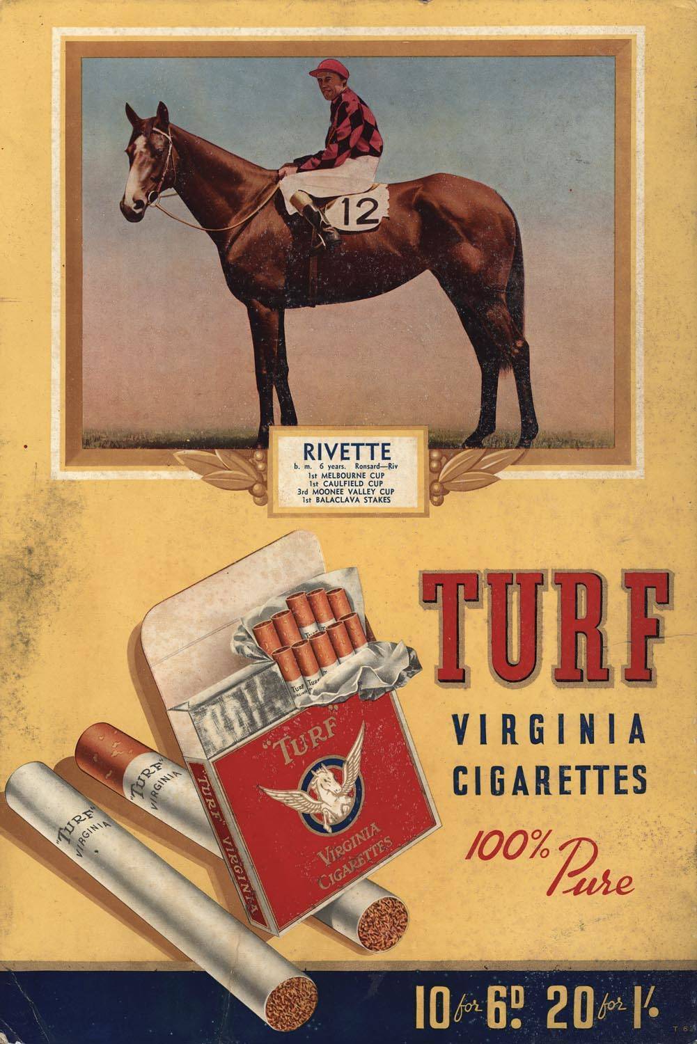 1939 MELBOURNE CUP: 1939 Carreras (Turf Virginia Cigarettes) advertising  plaque Rivette, b.m. 6 years Ronsard-Riv, 1st Melbourne Cup, 1st Caulfield  Cup, 3rd Moonee Valley Cup, 1st Balaclava Stakes , size 25x38cm. Fair/G