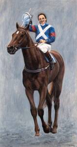 KIWI - 1983 MELBOURNE CUP: Original painting "Kiwi - Jim Cassidy, Melbourne Cup 1983" by Kim Hewer, framed, overall 53x92cm.