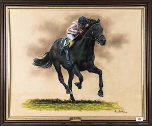 RUBITON - 1987 COX PLATE: Original painting "Rubiton - Harry White" by Ronnie Parez, framed, overall 84x69cm.