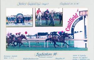 SYDESTON - 1990 CAULFIELD CUP: Race-finish photograph "Fosters Caulfield Cup, Caulfield 20-10-90, Sydeston 1st", framed, overall 70x47cm; plus Sydeston's racing silks & cap. Ex Bob Hoysted collection.