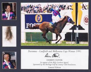 SIGNED DISPLAYS, group with displays signed by Roy Higgins, Damien Oliver, Frankie Dettori & Yasunari Iwata (Japanese jockey who rode the winner of the 2006 Melbourne Cup). Each framed & glazed, various sizes.