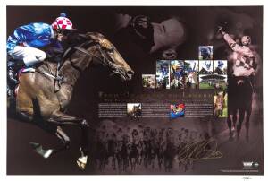 MAKYBE DIVA/ GLEN BOSS: "From Champion to Legend - How Makybe Diva Achieved Equine Immortality" prints (3 - one with tear at base), signed by jockey Glen Boss, each 79x53cm. Plus&nbsp;VALENTINO ROSSI, large signed photograph, limited edition 59/100, size 81x51