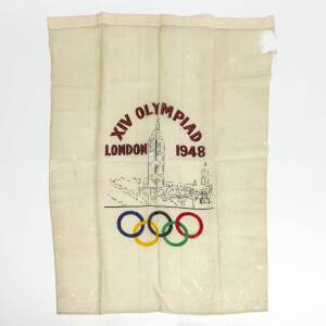 1948 LONDON OLYMPICS: Flag/Wall hanging with London Olympics logo, "XIV OLYMPIAD, LONDON 1948/ (Olympic rings)", size 90x122cm. Some wear holes and material loss.