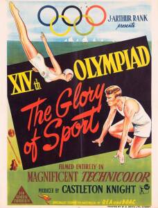 1948 LONDON OLYMPICS: Movie poster, "J.Arthur Rank presents, XIVth OLYMPIAD, The glory of Sport. Filmed entirely in magnificent Technicolour. Produced by Castleton Knight. Specially Flown to Australia by QEA and BOAC", printed by W.E.Smith Ltd, Sydney, si