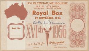 1956 MELBOURNE OLYMPICS - ROYAL BOX TICKET, Main stadium at MCG 29 November 1956, issued to The Hon E.P.Cameron. Very scarce.