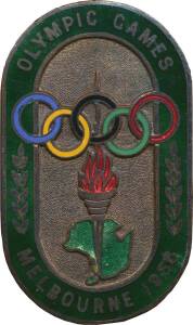 OFFICIAL BADGE FOR PRESS, minted by K.G.Luke, with green enamel border, bronze background (no ribbon), numbered "9158" on reverse.